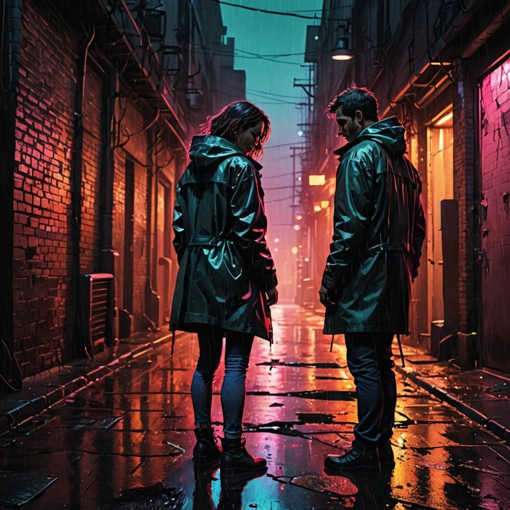 Frustrated Couple in Rainy Alleyway: Industrial Illustration