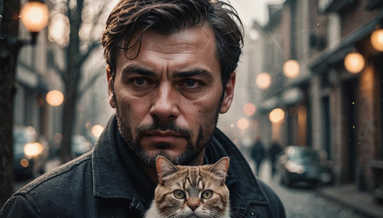 Hyperrealistic Portrait of Man Photobombed by Cat