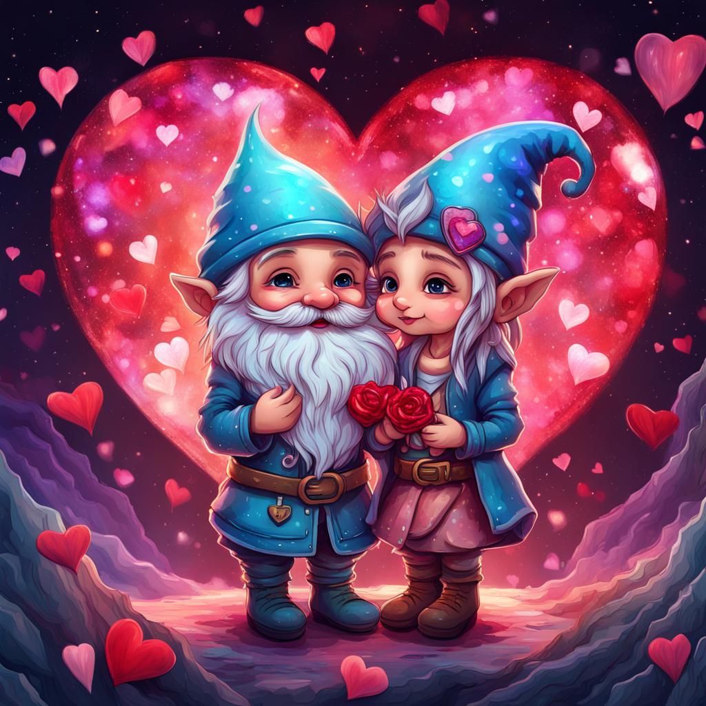 Chibi Gnomes Kissing on Valentine's Day in Cosmic Style