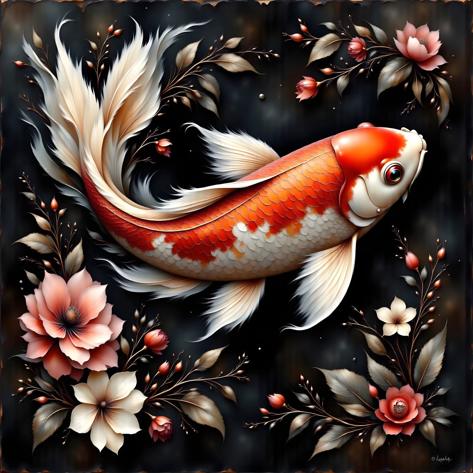 Elegant Red & White Koi Fish Asian Floral Oil Painting