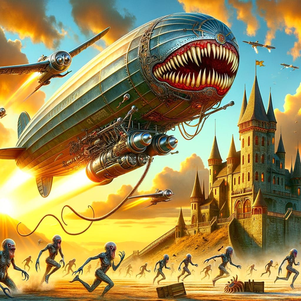Steampunk Zeppelin Soars Towards Alien Castle in Golden Sunl...