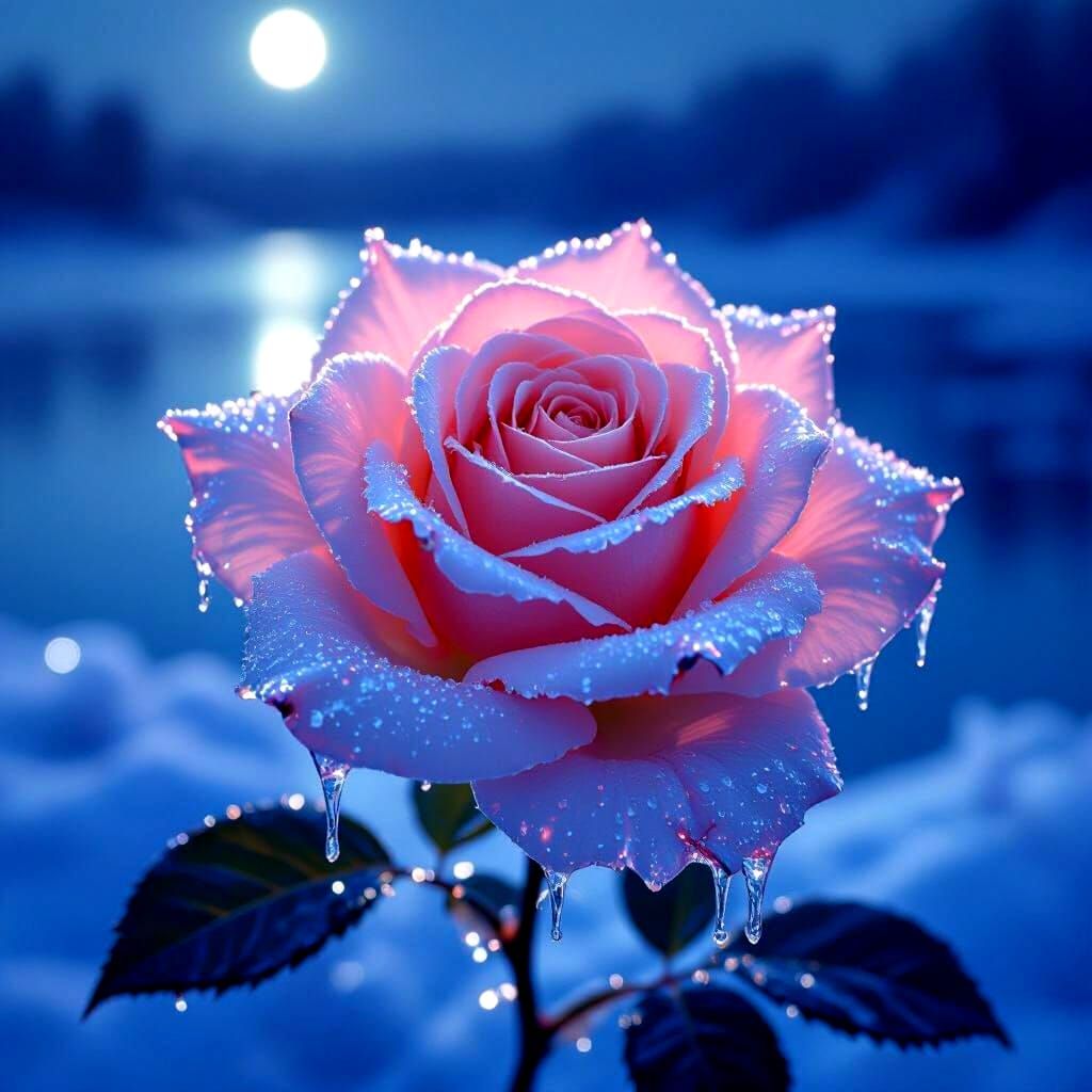 Close-Up Icy Rose with Cold Blue Hues and Ice Stalactites