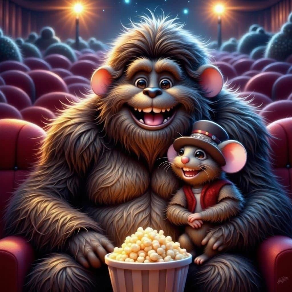 Whimsical Bigfoot and Mouse Enjoying Popcorn at Movies