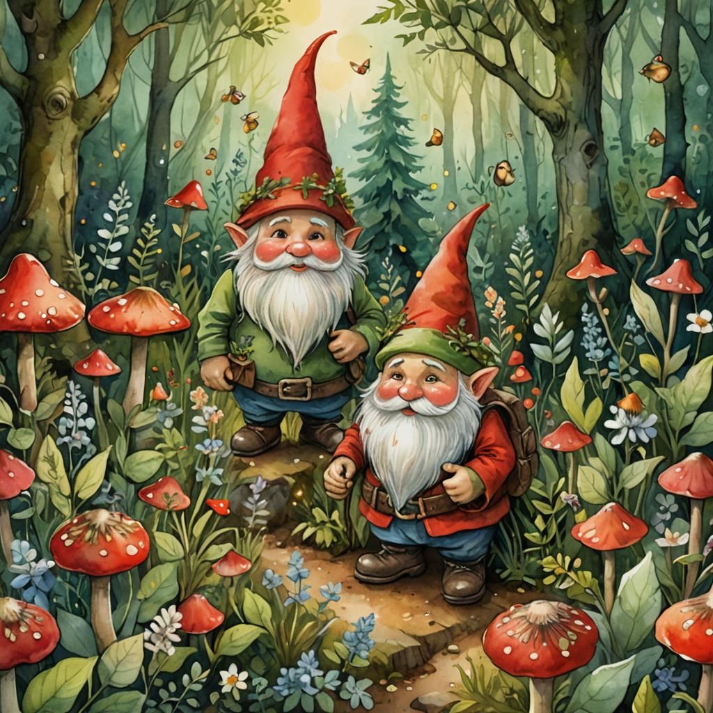 Gnome Surrounded by Herbs in Forest Illustration