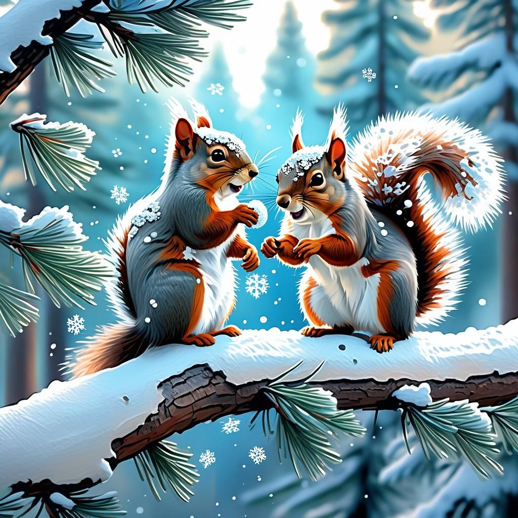 Squirrel Snowball Fight in Winter Wonderland: Digital Painti...