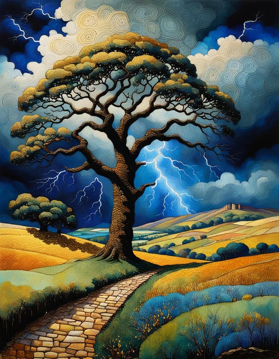 Embroidered Oak Tree at Sycamore Gap, Mixed Media