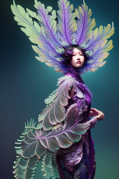 Feathery Leafy Woman in Elaborate Digital Art