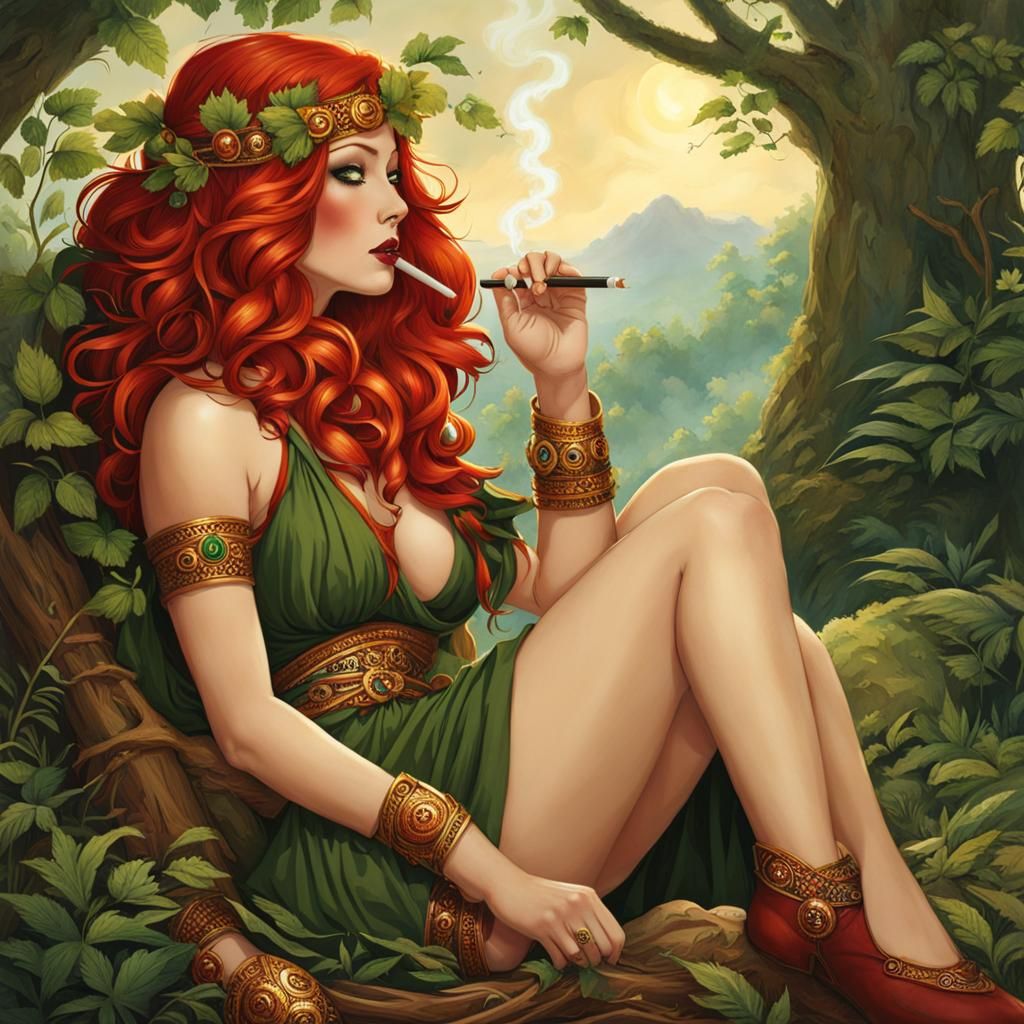 Red-Haired Druid Woman Smoking and Lounging