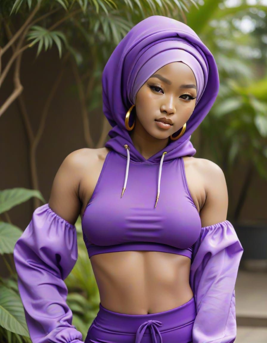 Nigerian-Korean Woman in Hijab with Purple and Gold Silk Top