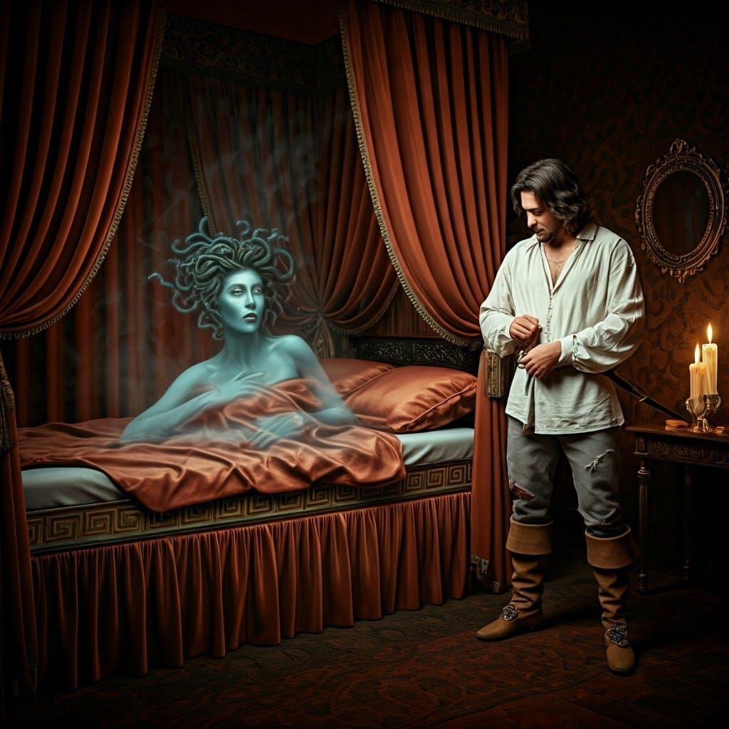 Musketeer and Medusa in Baroque Candlelight
