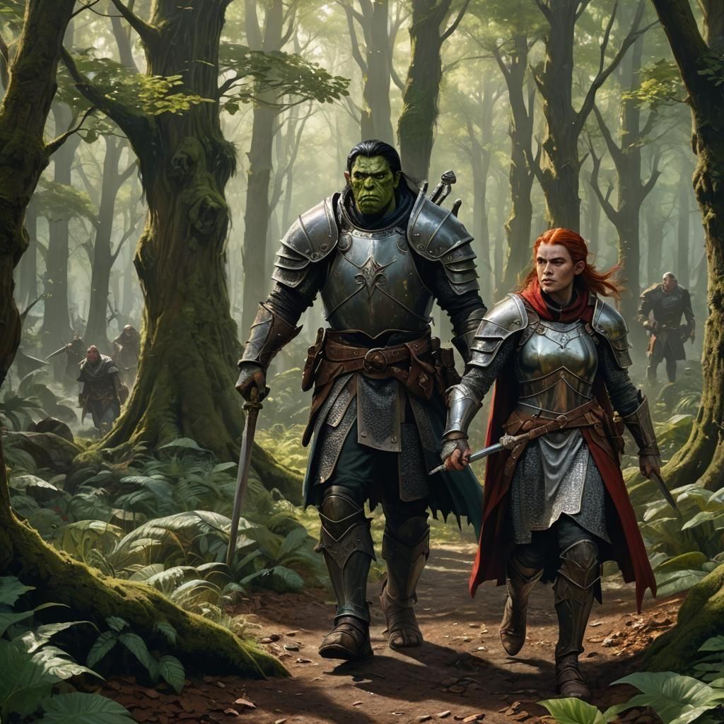 Orc Paladin and Elf Cleric in Lush Forest