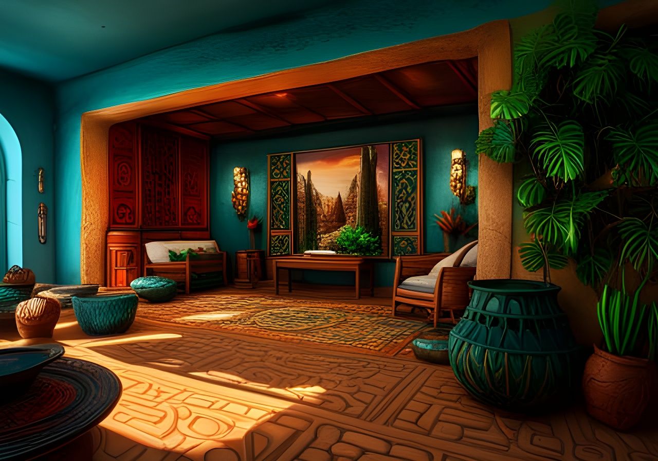 Mayan Bas-Relief in Mexican Adobe House Interior