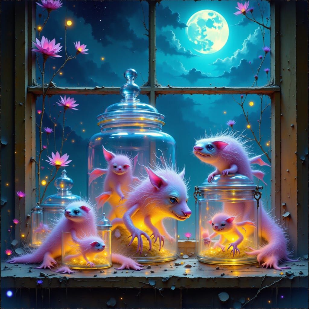 Pastel Monsters in Jars Under Moonlight