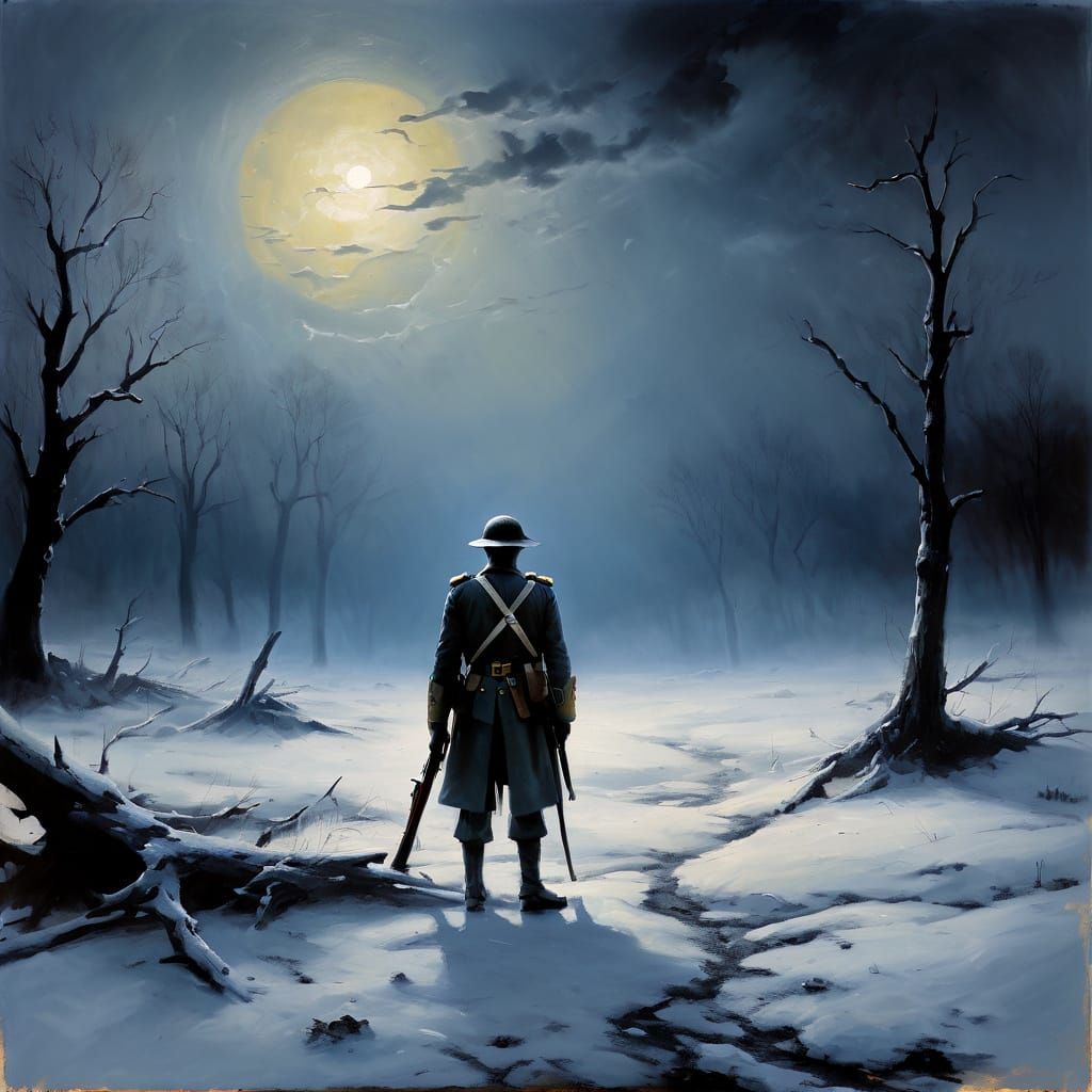Dark Fantasy Oil Painting of a Lone Soldier on Snowy Battlef...