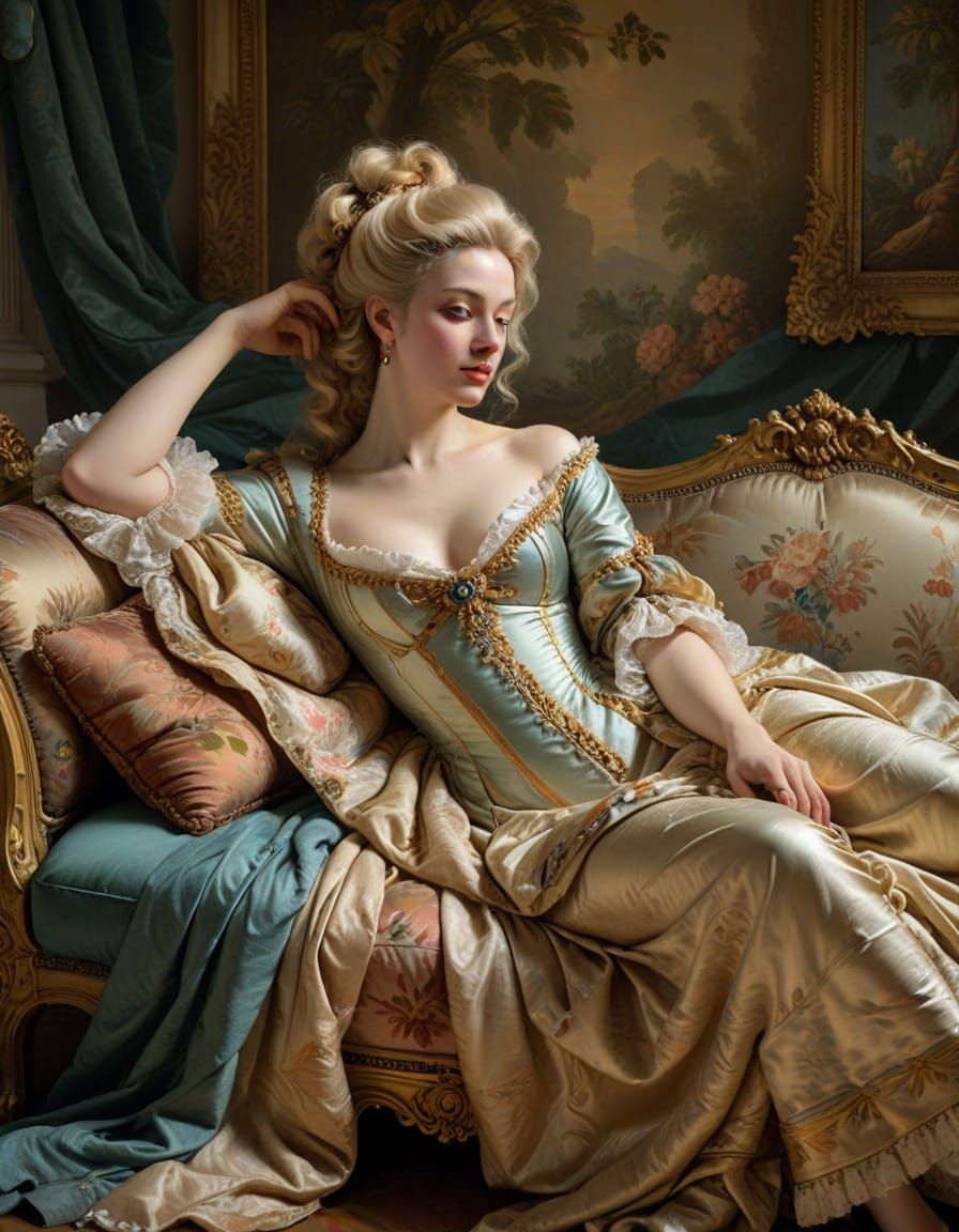 Rococo Masterpiece: Woman Reclining in Opulent Setting