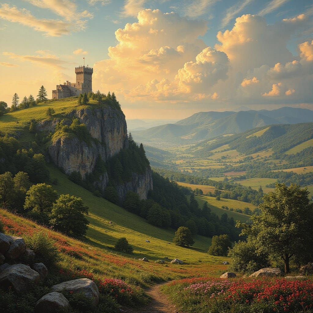 Epic Medieval Landscape with Watchtower and Golden Forests
