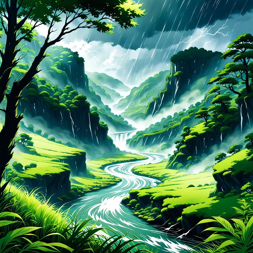 Anime-Style Cartoon Landscape with River in Rainstorm