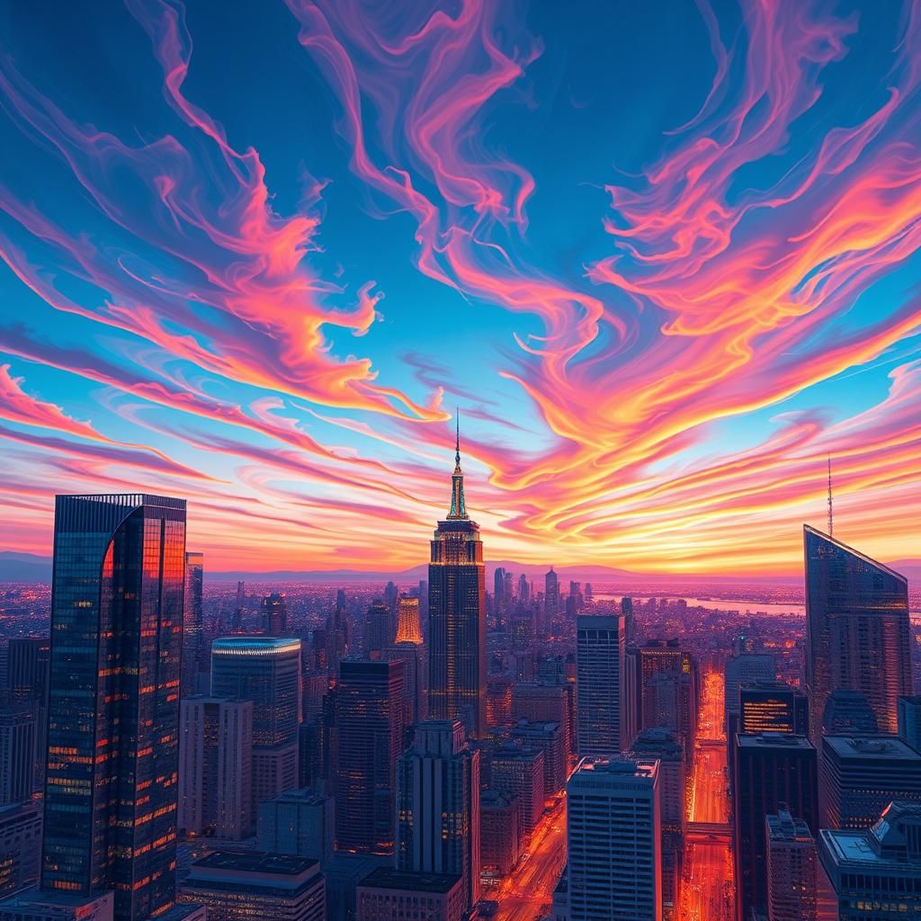 Iridescent Cityscape at Dusk in Holographic Illustration