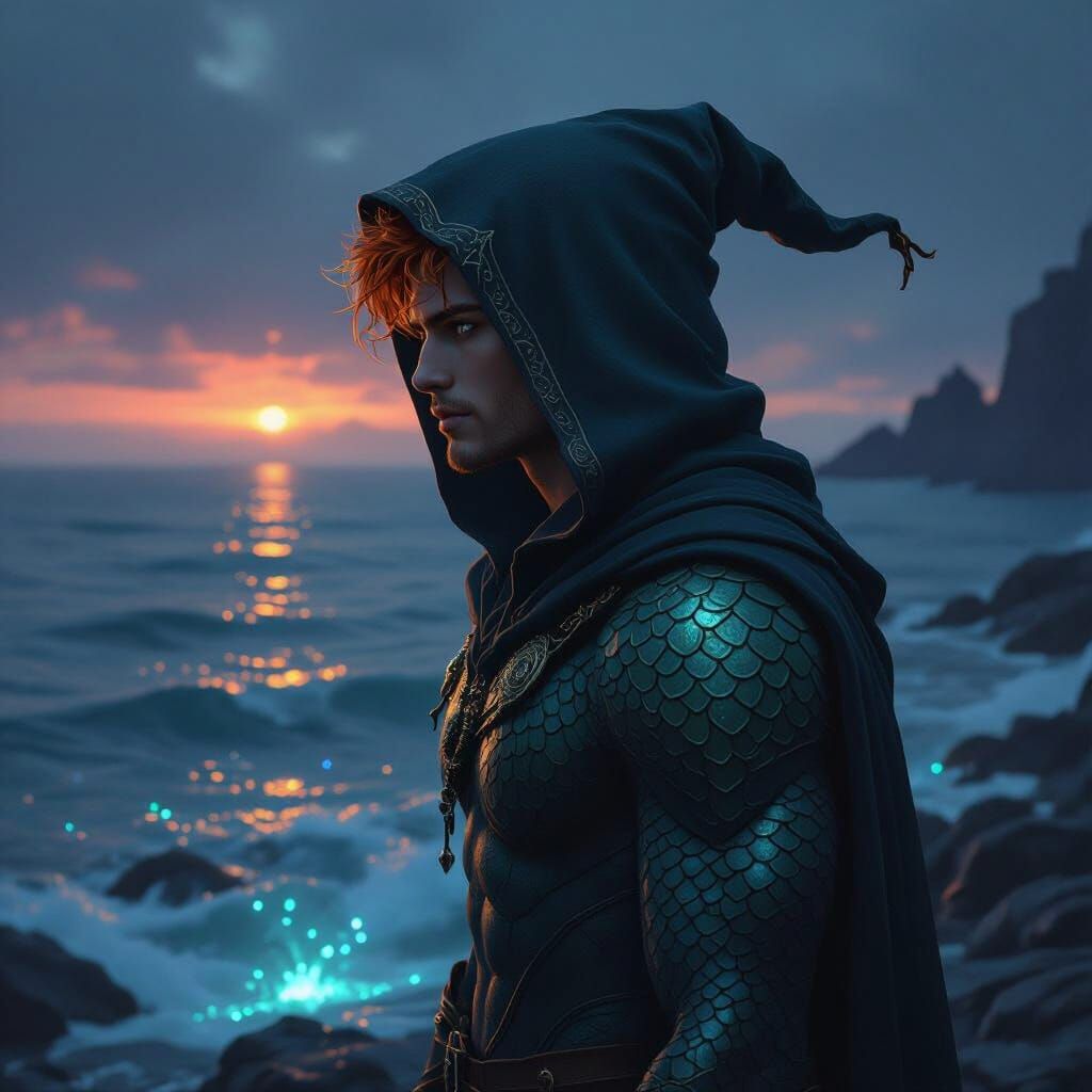 Merman Sorcerer on Rocky Shore at Twilight