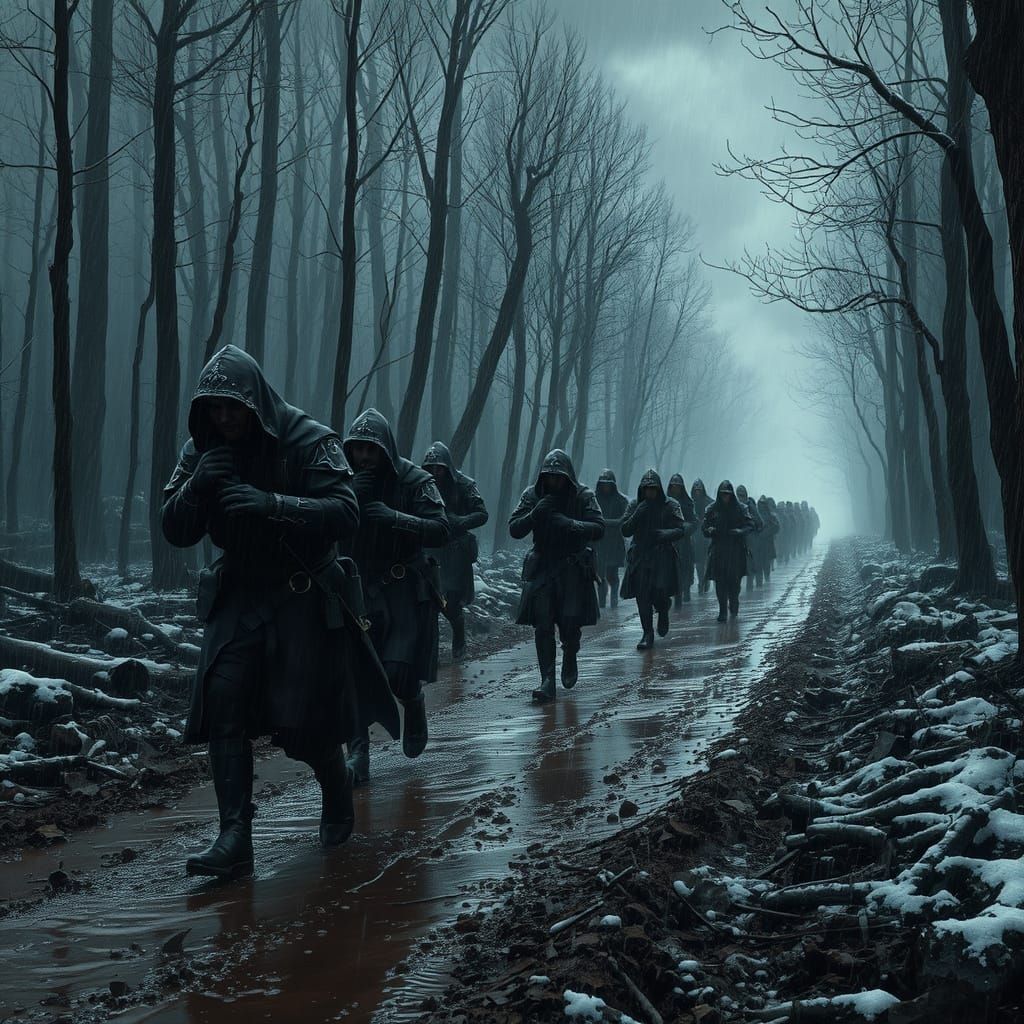 Medieval Soldiers Trudge Through Wintry Landscape in Dark Fa...