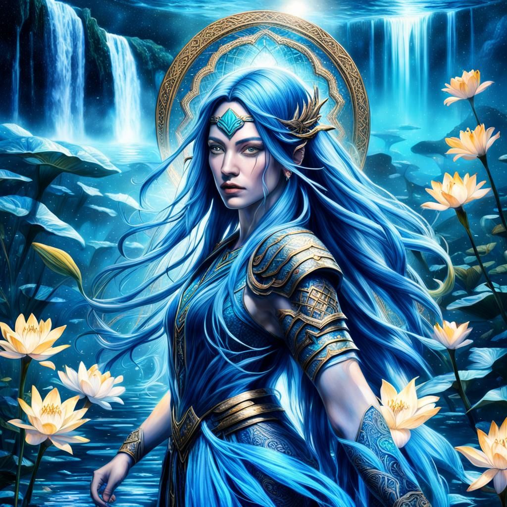 Hyperrealistic Aquarius Woman with Sword and Blue Glow