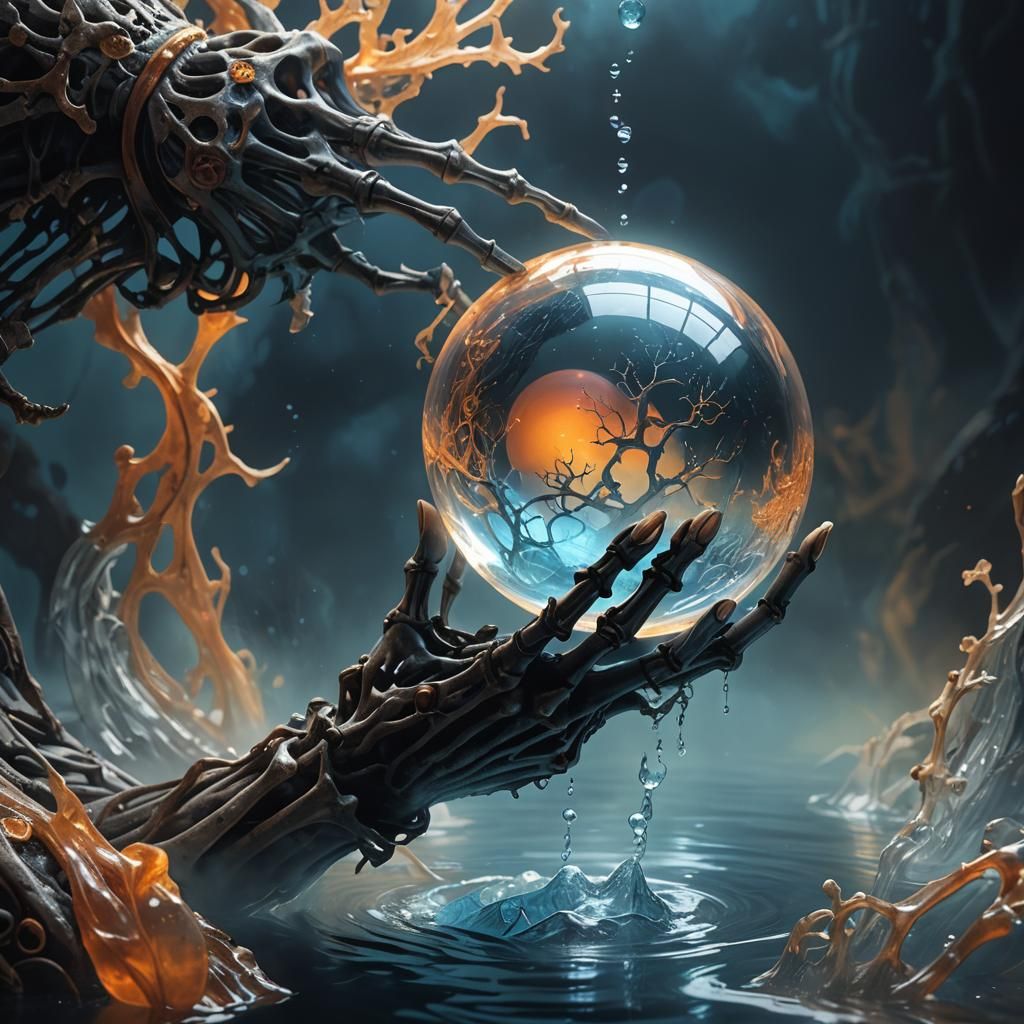 Water Orb in Skeletal Grasp: Dark Fantasy Art