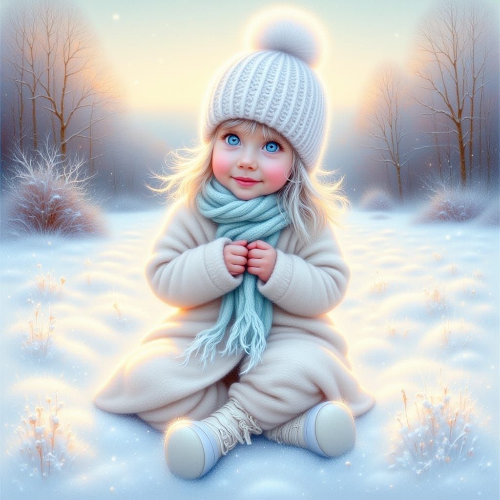 Toddler Girl in Winter Landscape, Watercolor Acrylic