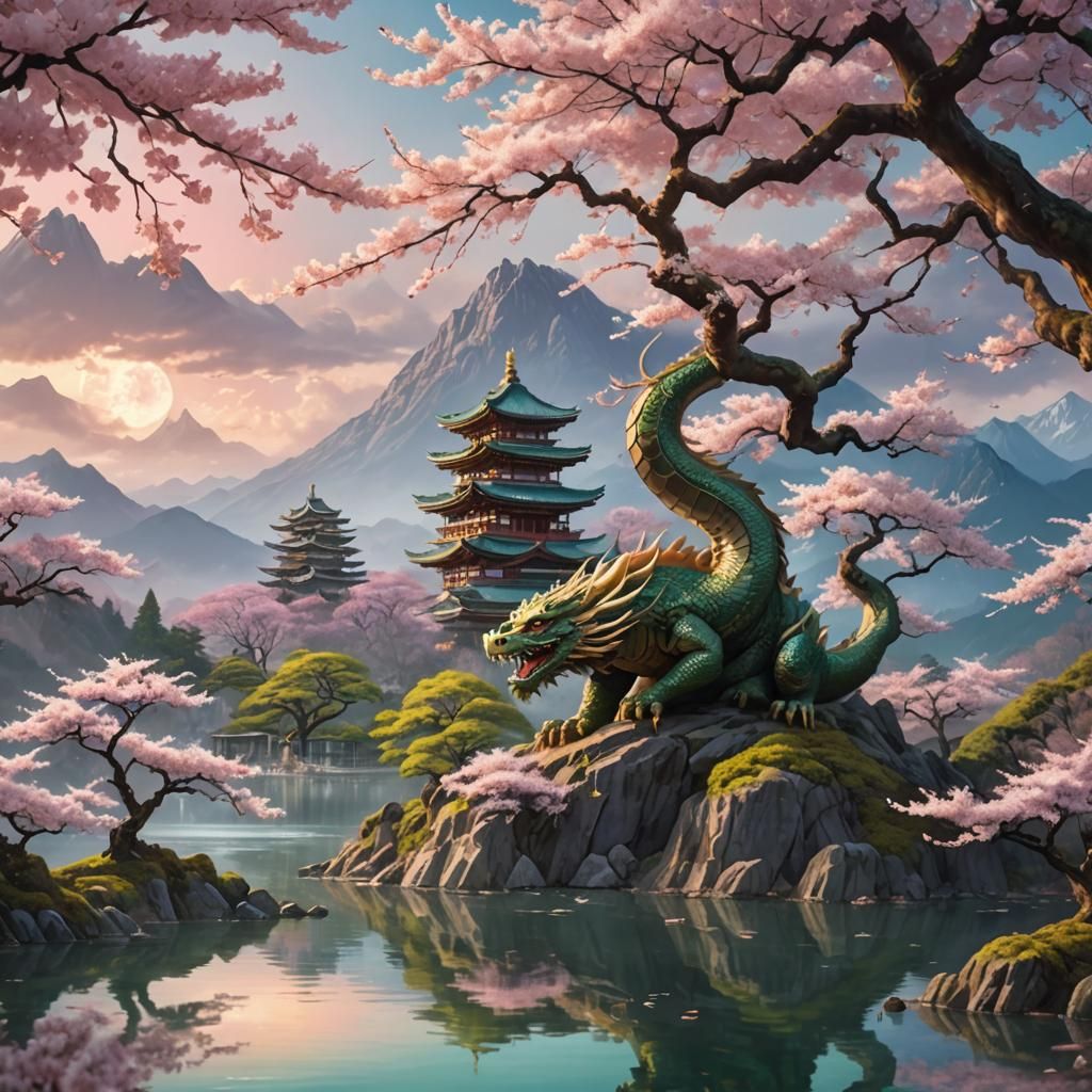 Sakura Tree, Dragon, and Temples: Fantasy Landscape