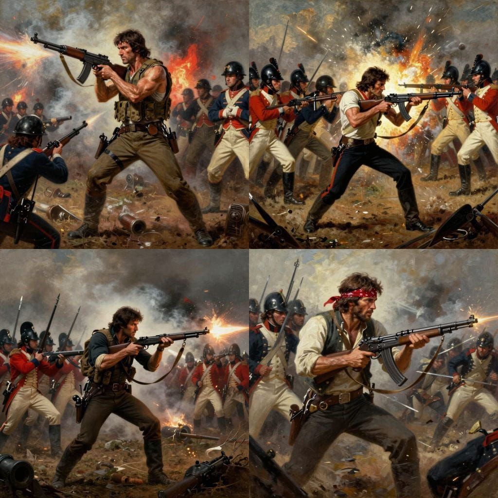 Rambo Battles British Soldiers in Revolutionary War Painting