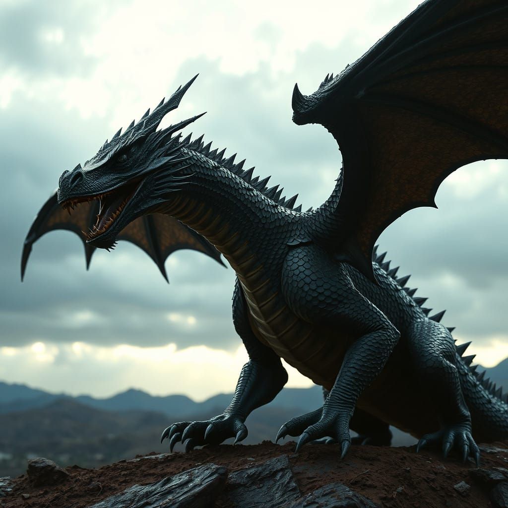 Magnificent Dark Dragon Unfurls Wings Amidst Ominous Skies