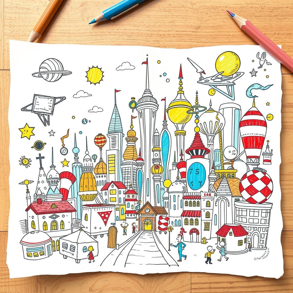 Whimsical Cartoon City Doodles: Digital Art