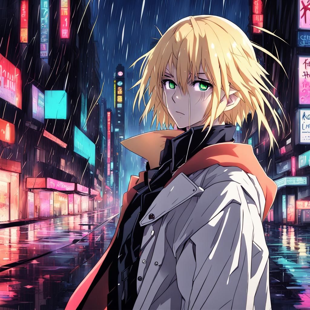 Anime Knight in Neon City Rain