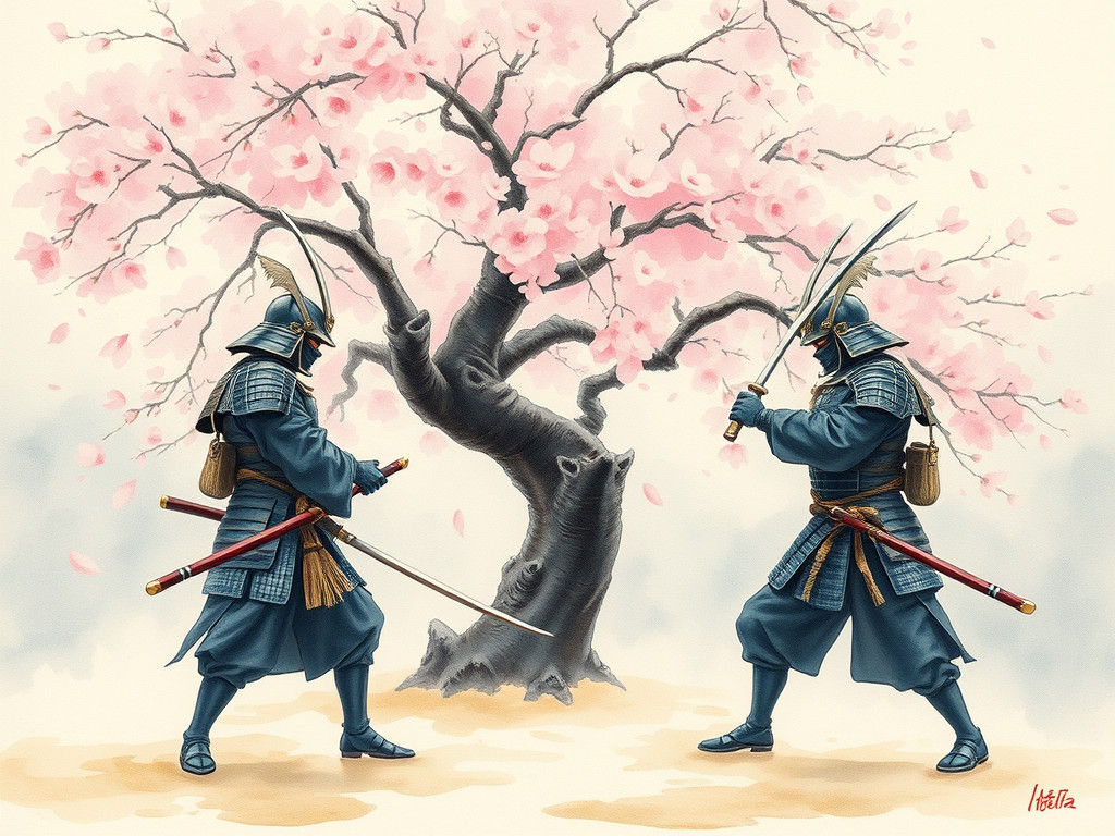 Samurai Under Cherry Blossoms: Ukiyo-e Watercolor Painting