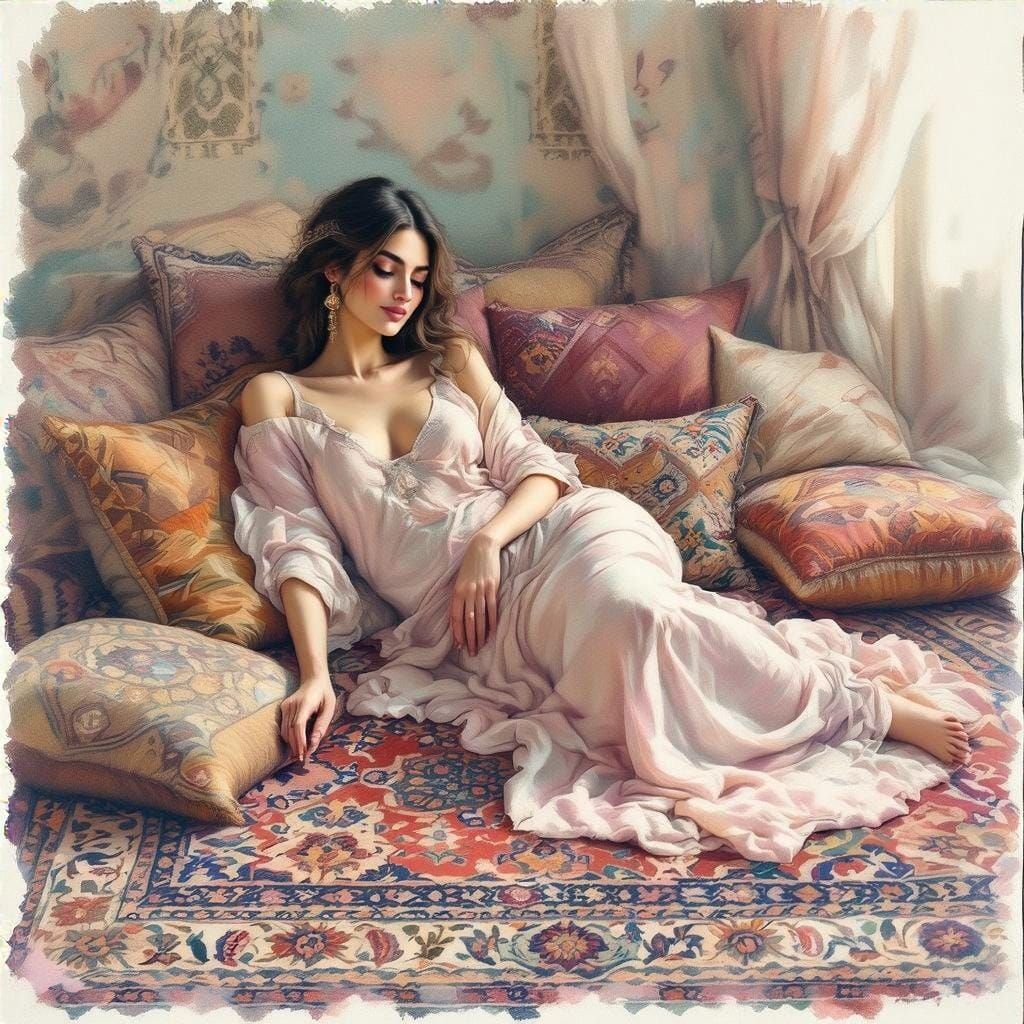 Woman Lounging on Persian Carpet as Pastel Drawing
