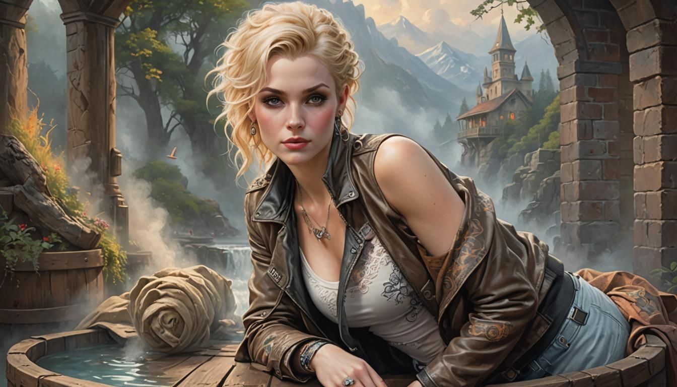 Blonde Woman with Tattoos Lounging, Ethereal Fantasy Portrai...