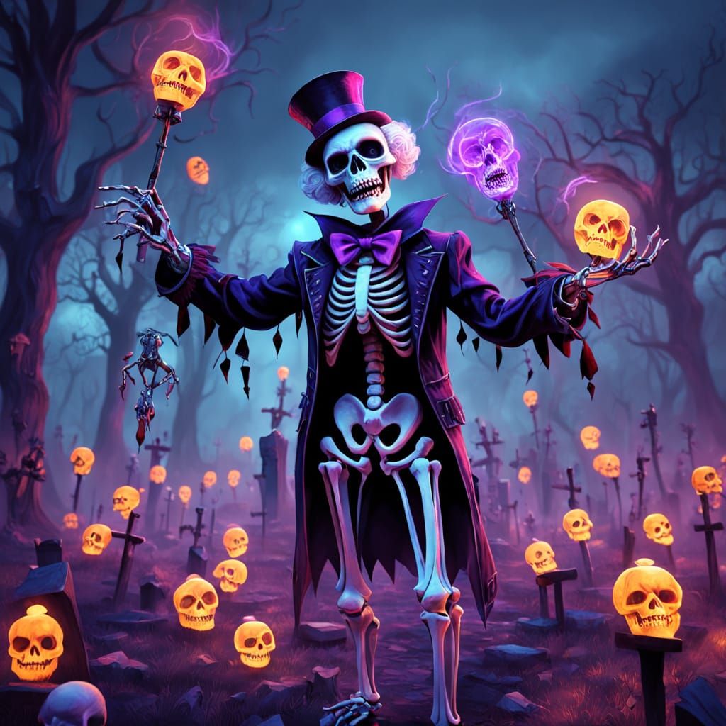 Skeleton Clown Juggles Skulls in Neon Graveyard Birthday