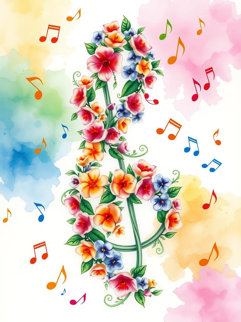 Treble Clef Flower Vine in Watercolor Impressionism
