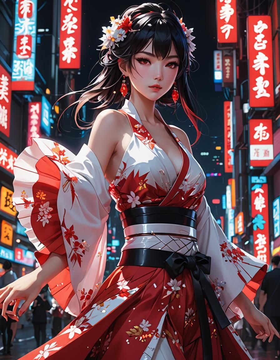 Kimono in Neon Lights: 3D Anime Art