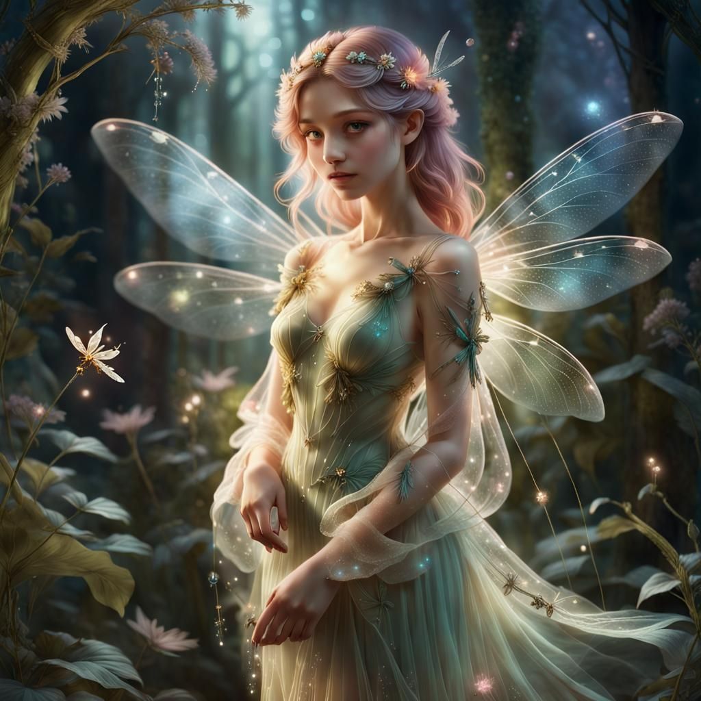 Ethereal Fairy with Dragonfly Wings in Fantasy Scene