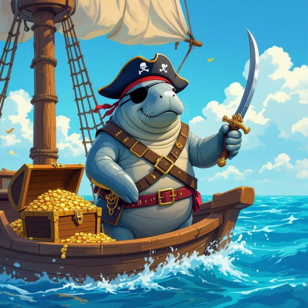 Joyful Pirate Manatee on a Sailing Ship