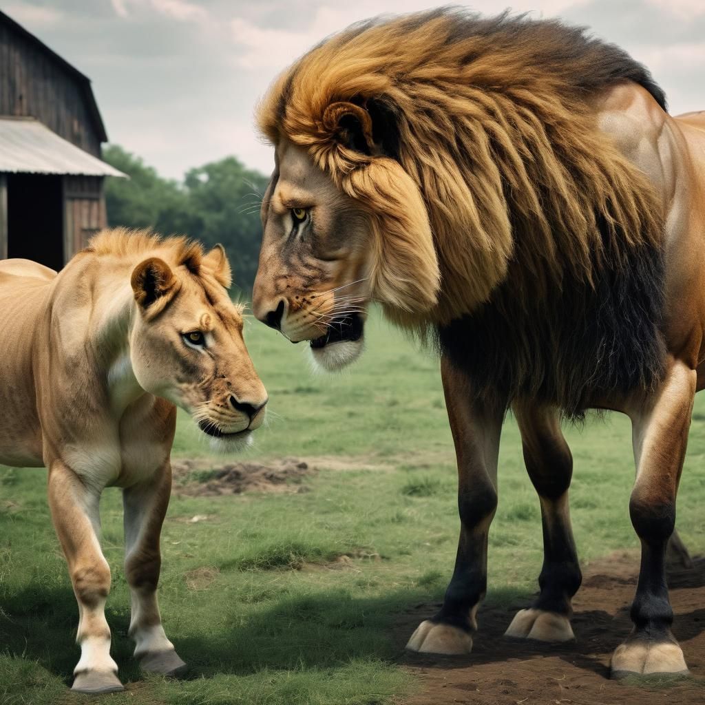 Horse and Lion Side-by-Side on a Farm