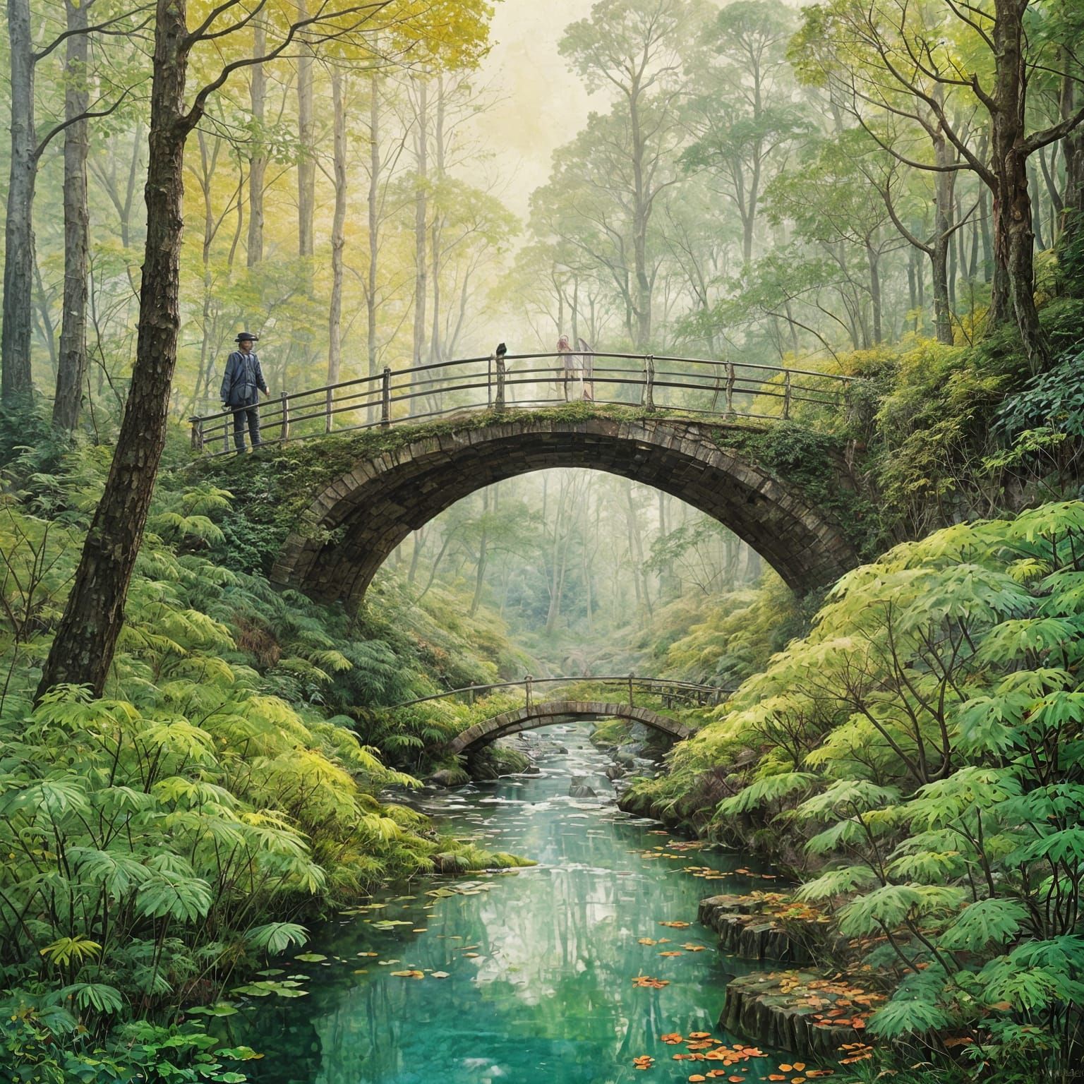Majestic Forest Bridge in Vibrant Watercolor Style