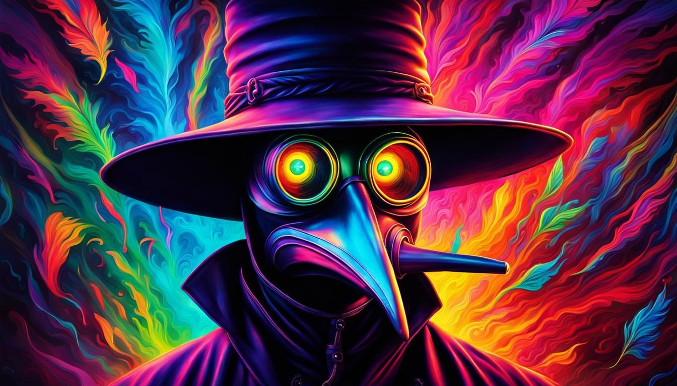 Psychedelic Neon Plague Doctor Mask: Iridescent Watercolor