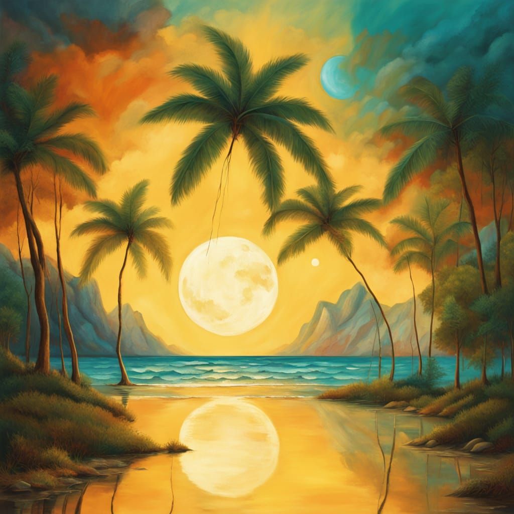 Surreal Tropical Beach Moonlight Reflection Oil Painting