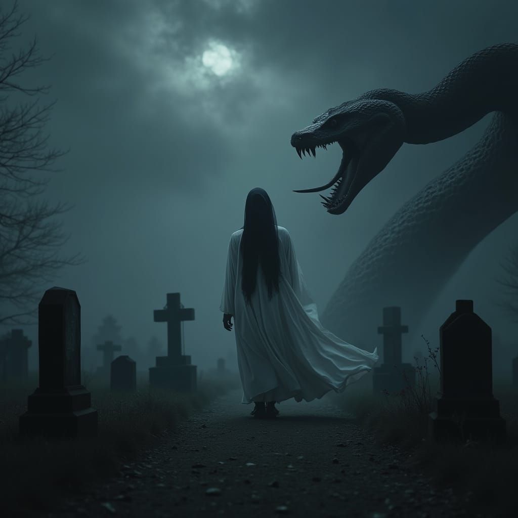 Ethereal Figure in Cemetery Under Tempestuous Sky