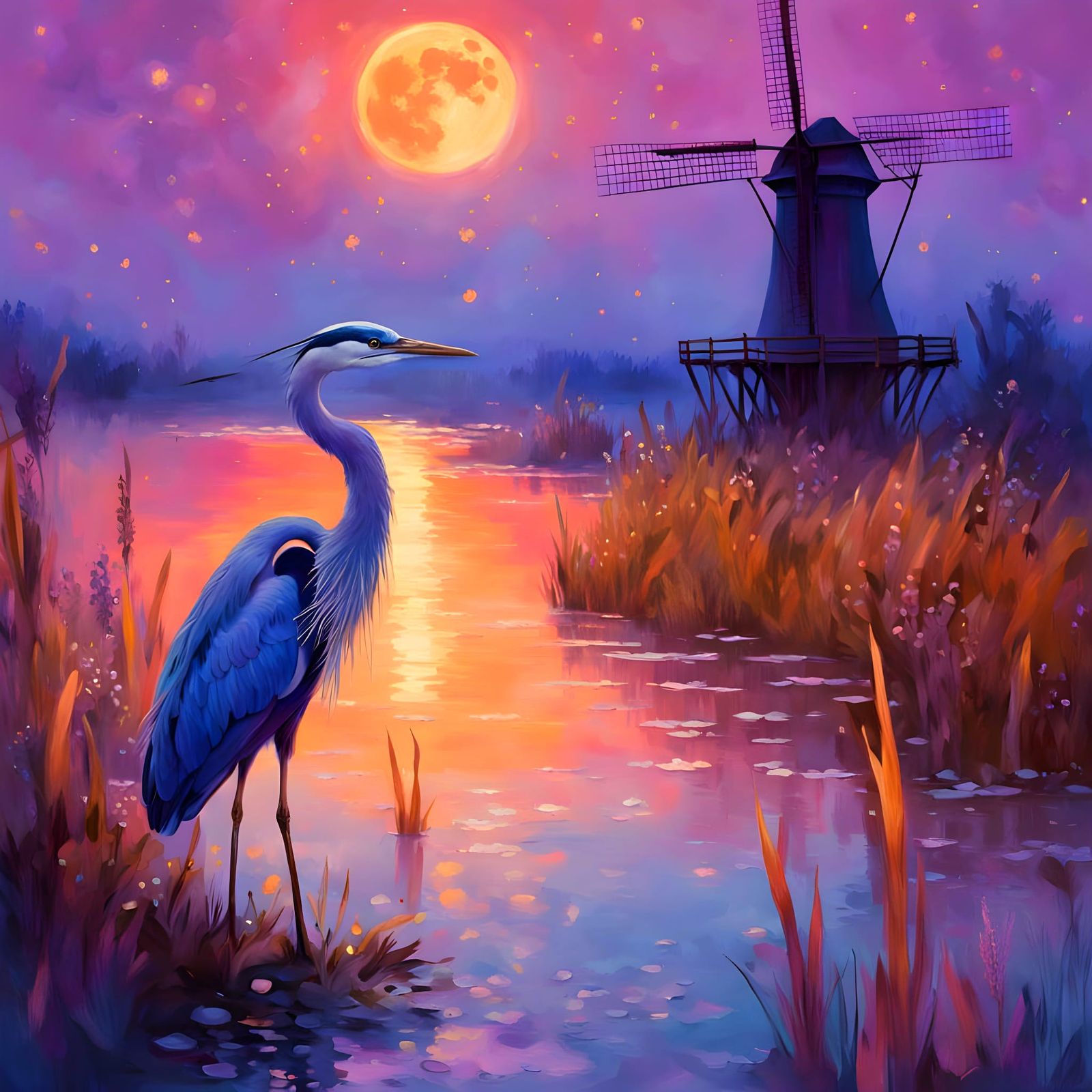 Serene Night Heron by Lake with Orange Moon