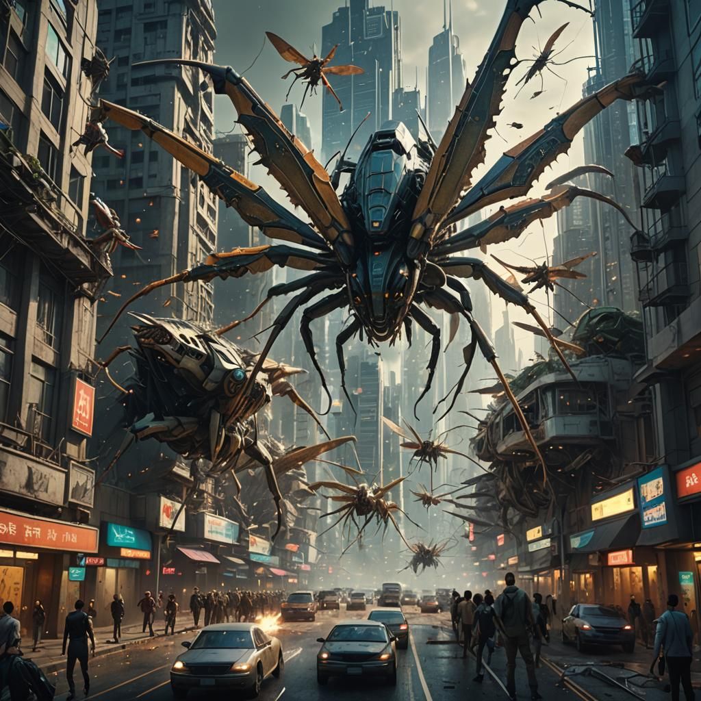 Giant Mantis and Locust Attack on Future City