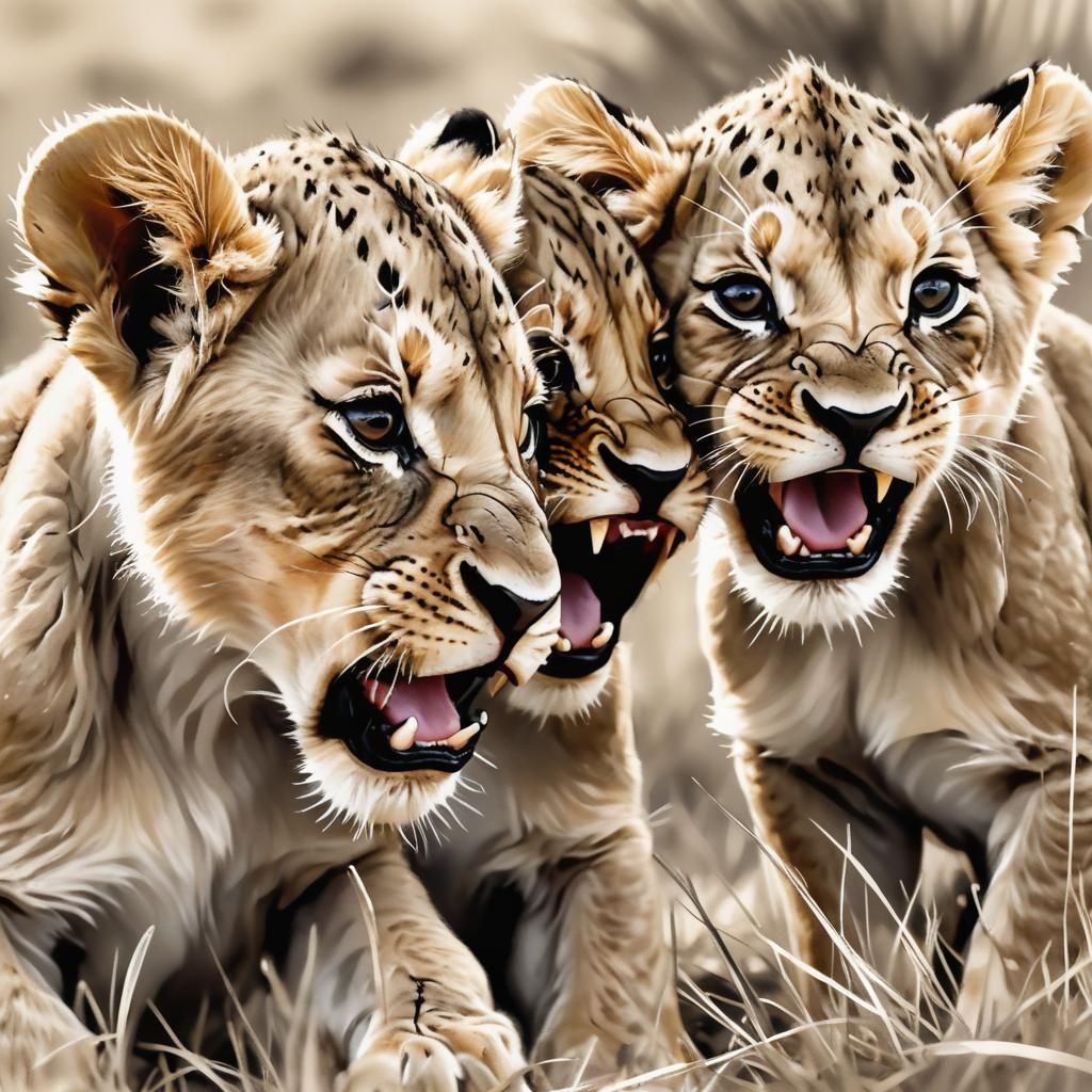 Lion Cubs Growling in Pen and Ink