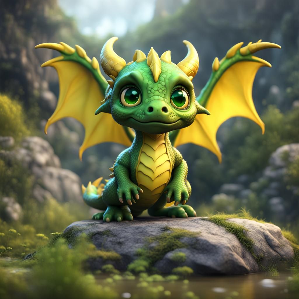 Cute Baby Dragon on Rock: Fantasy Concept Art
