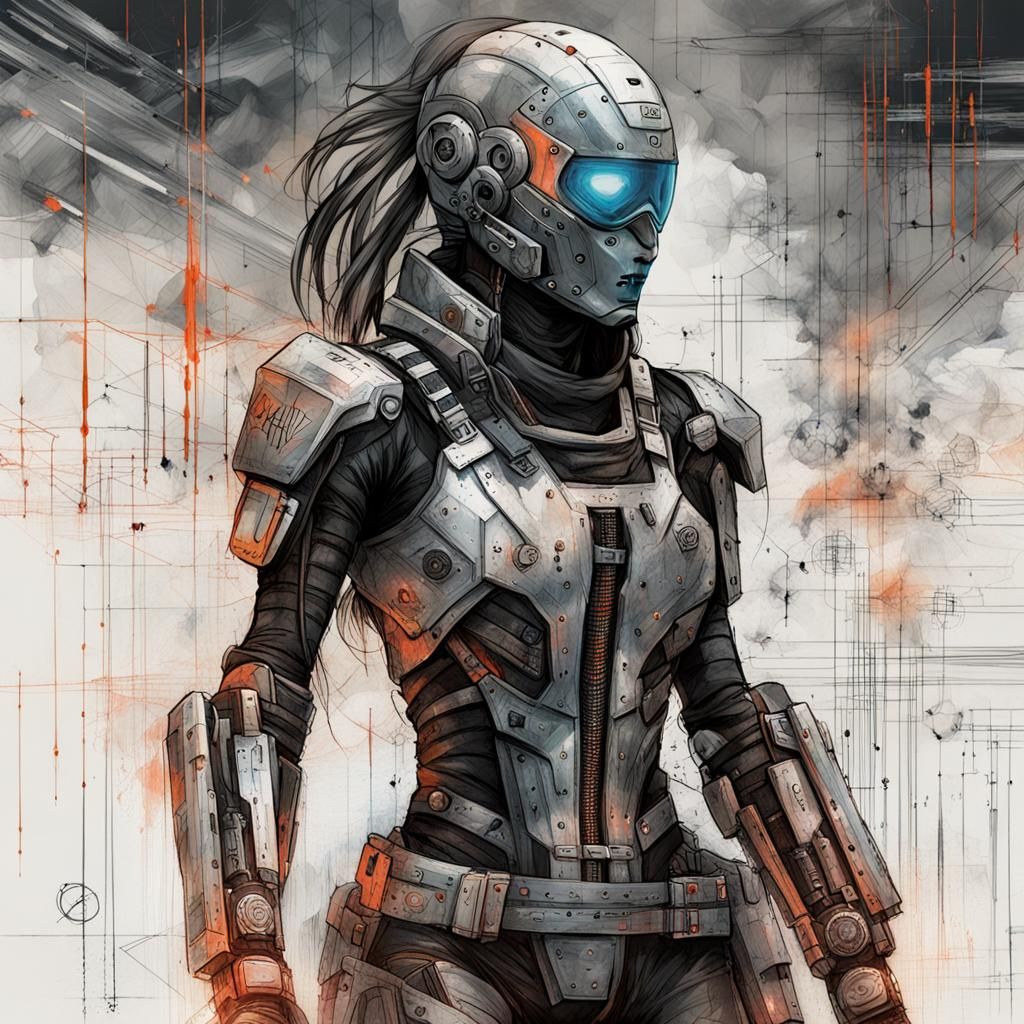 Cybernetic Ninja: Detailed Digital Technical Sketch